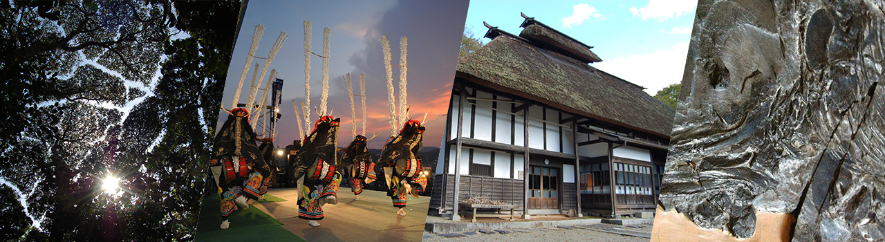 4つの写真の組写真 左から木漏れ日、祭り、茅葺屋根の家、地質鉱物の写真