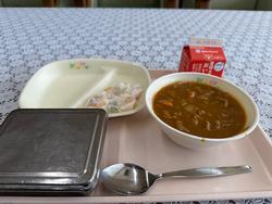 ピンクのトレーに給食が左から時計回りにフルーツのヨーグルト和え、牛乳、ポークカレー、ごはんが並んでいる写真