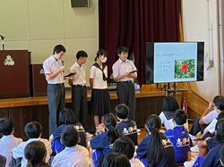 舞台の前に置かれた大きなモニターに資料が映っており、その横に並んで立った制服姿の生徒4人が発表をしている様子を、前に座った多くの生徒が聞いている写真