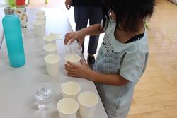紙コップが複数並べられたテーブルで、水筒を手に持った子供が、こぼさないように慎重にコップに水を注いでいる様子の写真