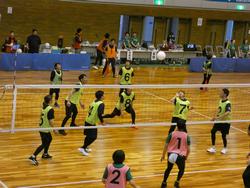 体育館で、黄色のゼッケンを着用した複数の選手たちが、バレーボールの試合を真剣に行なっている様子の写真