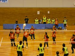 体育館で複数の選手が赤と黄色のゼッケンを着用し、バレーボールの試合を真剣に行なっている様子の写真