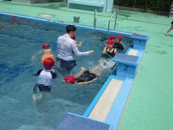 一人の先生が子供たちに身振り手振りを交えながら水泳の指導をしている写真