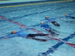 プールの中で、服を着用した複数の子どもたちが、安全に背浮きをして水面に浮かんで着衣泳を行っている様子の写真