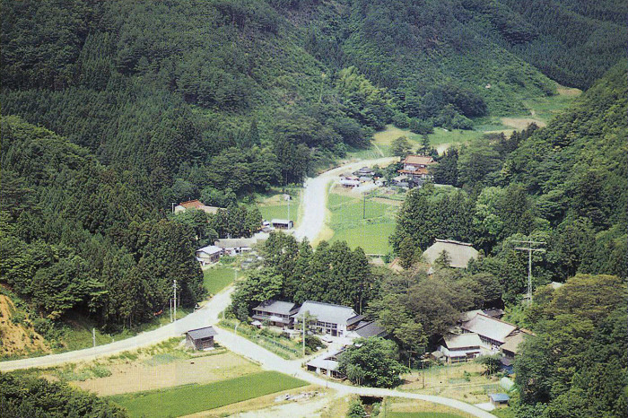 緑豊かな山間に小さな集落と田畑が広がる、日本の農村風景の写真