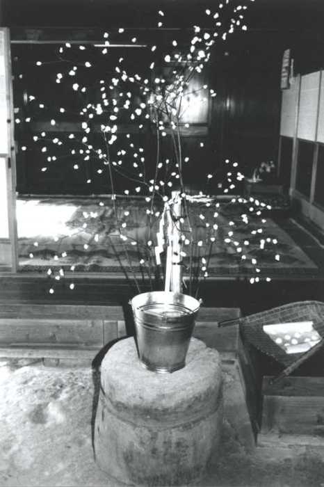 桶に立てられた木の枝に小さな餅が無数に飾り付けられ、正月の伝統的な餅花が室内に置かれている様子を写した白黒写真