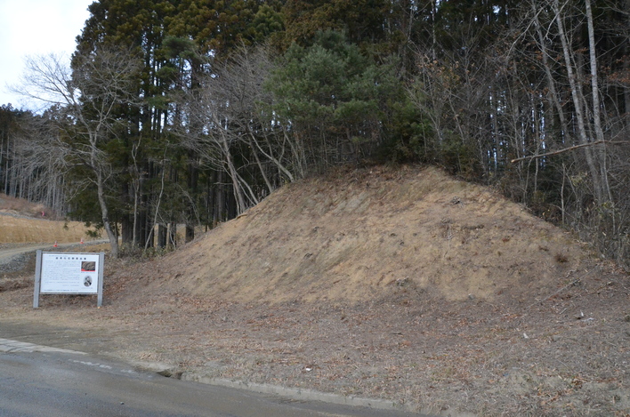 裸の木々に囲まれた土の小山と、その手前に立つ説明板が写っている写真