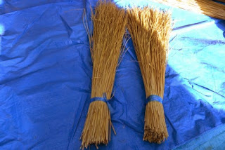 藁を束ねて結び、しめ縄作りの材料として準備された2束の藁の写真