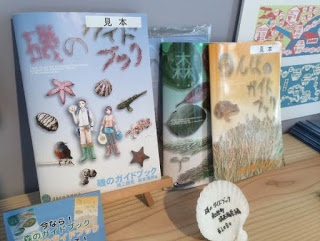 「磯のガイドブック」などの自然に関する冊子の見本が棚に並んでいる写真