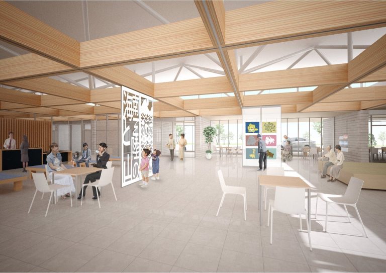 天井が高く木の梁が美しい広々とした現代的な屋内空間に「南三陸の海と山」と書かれた大きな看板が設置され、人々がテーブルに座ったり歩いたり交流したりしており、大きな窓から自然光が差し込み、壁やパネルに展示されたアート作品と観葉植物が彩りを添えているイメージ画像