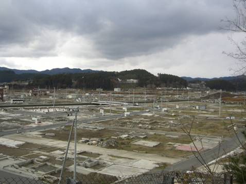 曇り空の下、建物の基礎だけが残る空き地が広がる志津川市街地の奥に木々のある丘が見えている風景写真