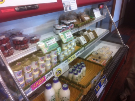 店内の冷蔵ショーケースに、ヨーグルトや牛乳、豆腐、生鮮食品が種類ごとに整然と並べられ、価格表示や手書きのポップが貼られている写真