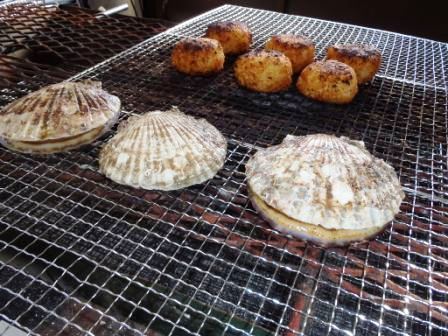 殻付きのホタテと焼きおにぎりのような食べ物が、金網の上に並べられ、炭火でこんがりと焼かれている様子の写真
