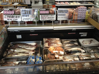 ショーケースの中に様々な種類の魚や海産物がトレイに入れて並べられている写真