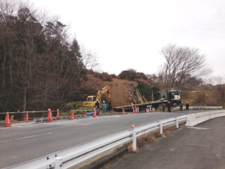 木々が広がる斜面で重機が土を運び出す造成工事が行われていて、作業員が道路沿いに立って作業をしている様子の写真