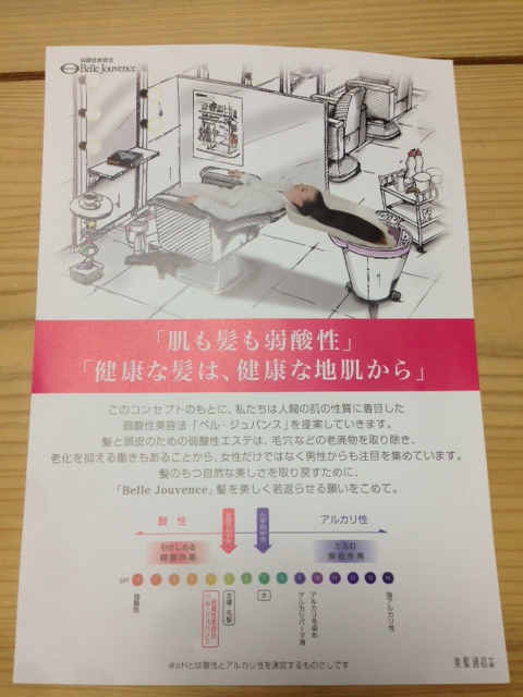 「肌も髪も弱酸性」「健康な髪は、健康な地肌から」というキャッチコピーが書かれた、弱酸性美容法「ベル・ジュバンス」の紹介チラシの写真