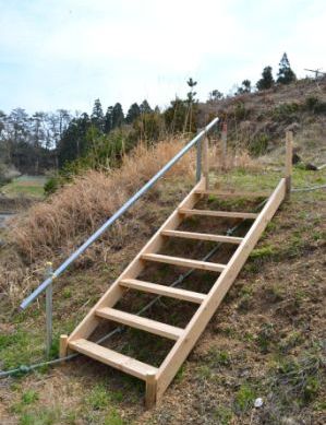 緩やかな草地の斜面に設置されているロープの上に、木製の階段が設置され、片側には金属製の手すりが取り付けられている写真