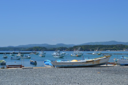 海に多くの漁船が浮かび、手前には船が陸に置かれている泊浜港の写真