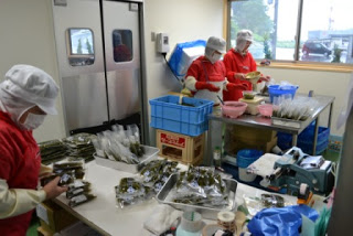 複数人の作業員が並び、透明袋に詰めた海藻製品を台の上に並べている様子を写した出荷準備中の写真