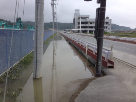 道路の横の歩道が水で完全に覆われており、電柱が水に浸かっていて奥に橋とビルが見える写真