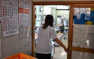 白衣を着た宮倫子さんが厨房のドアを開けて中に入ろうとしているところを後ろから撮影した写真