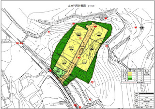 中央の道路を挟んで整然と区画分けされた宅地と緑地が色分けされて描かれている土地利用計画図の画像