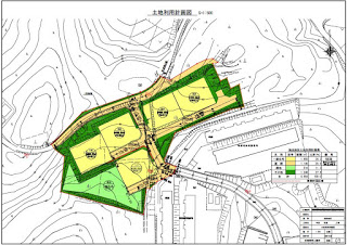 起伏のある地形の上に配置された区画ごとの住宅用地が色分けされて描かれた土地利用計画図の画像