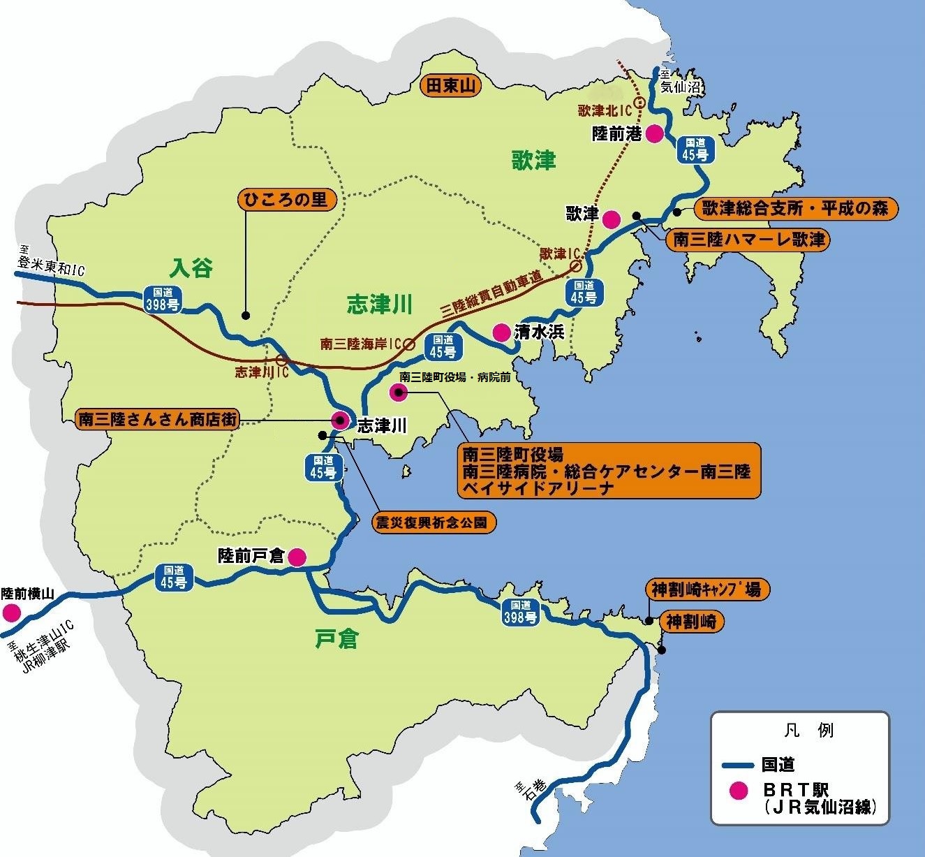 宮城県南三陸町の歌津、志津川地区、入谷地区 、戸倉の広域地図