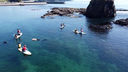 パドルボードとシュノーケリングの海辺の風景