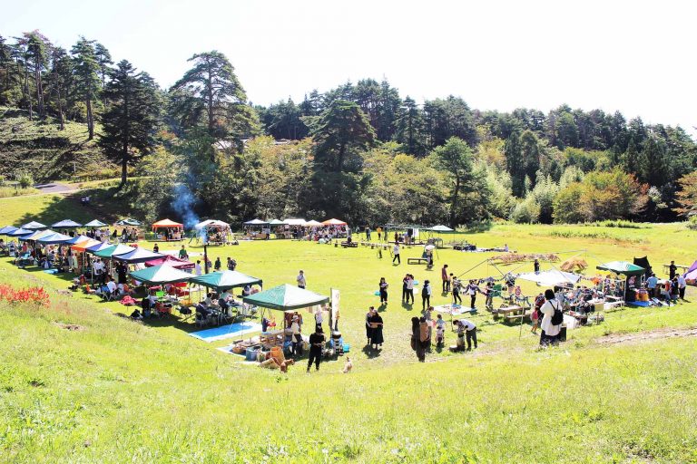 広大な芝生の広場に沢山のテントが並び、親子連れや出店者が集まって賑やかに過ごしている、ひころマルシェの様子の写真