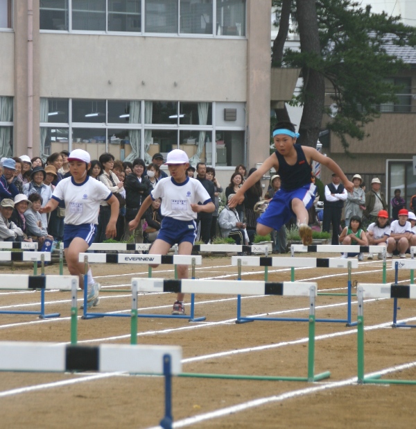 大勢の保護者や観客が見守る中、3人の男子児童が、トラックに設置されたハードルを次々と飛び越えるハードル競争を行っている、小学生体育大会の写真