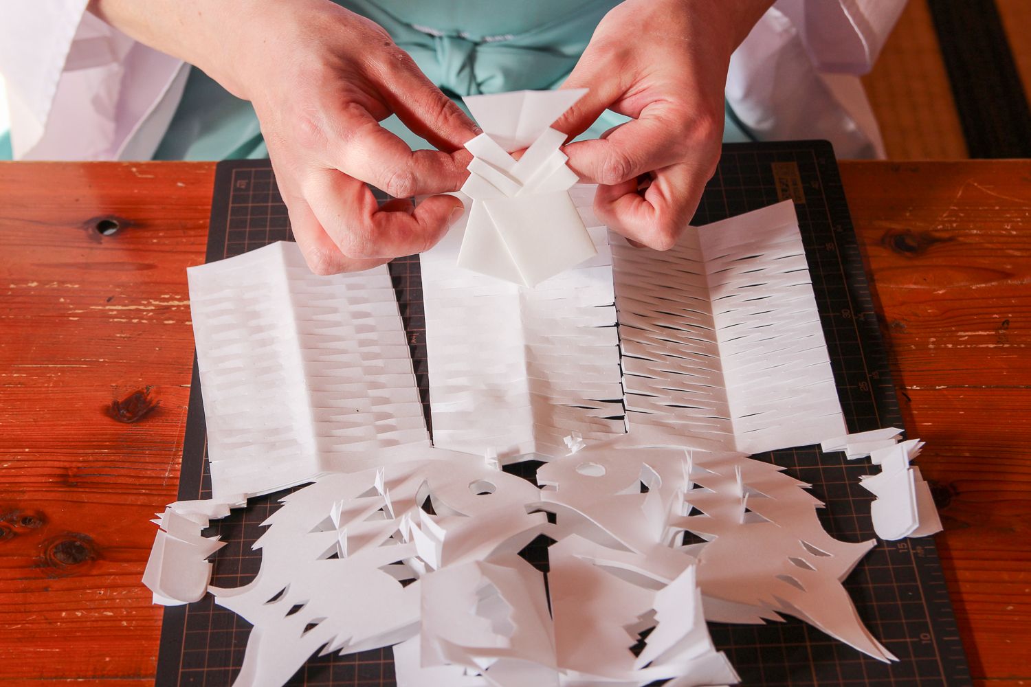 細長い短冊状に切られた細かい部分を集中して手を動かしているいる様子の写真