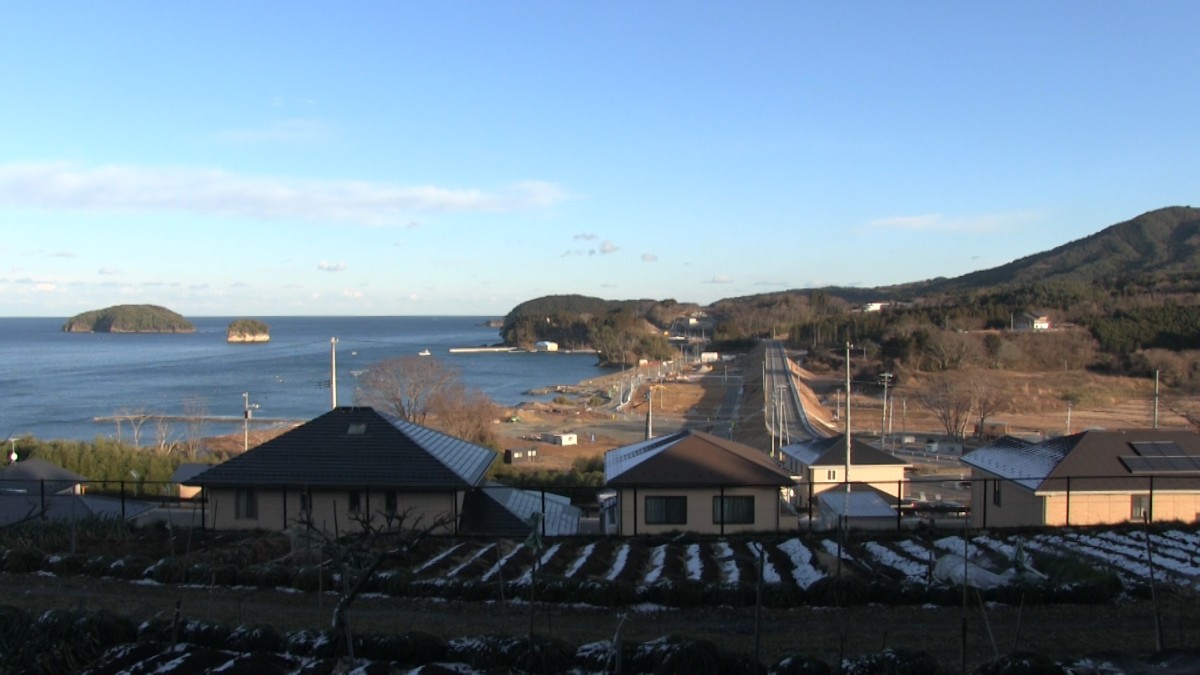 海沿いの丘の上から見た、手前に薄っすらと雪が積もった畑が広がり、畑の向こうに数軒の住宅が並び、その奥に道路が一直線に伸びていて、さらにその先に海と小さな島々が見える風景の写真