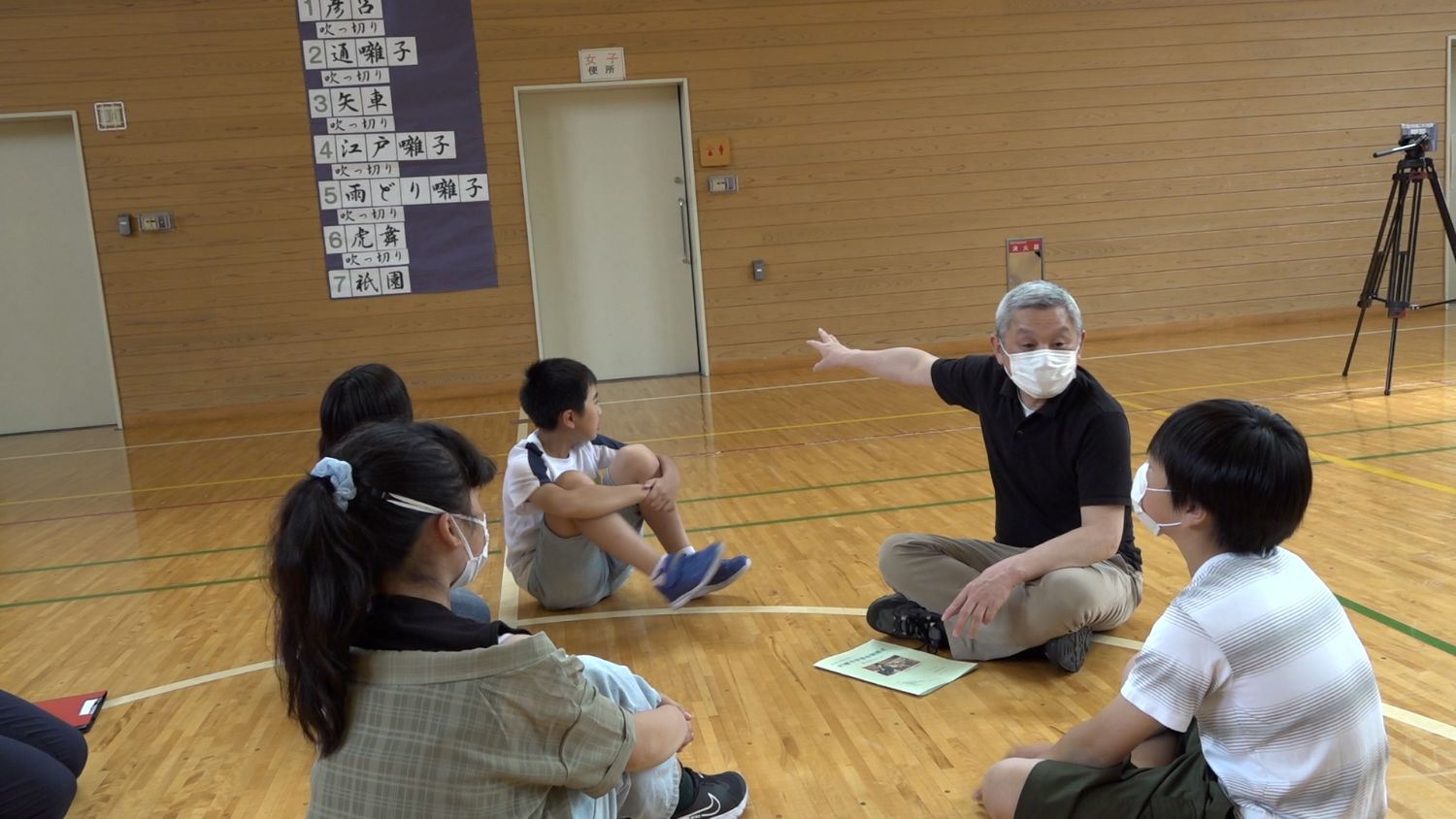 体育館の床に輪になって座った小学生たちに対して、マスク姿の男性が資料を手に持ちながら指をさして説明しており、壁には地域の名字が書かれた紙が貼られていて、地域の歴史や人々について語り合う文化交流の写真