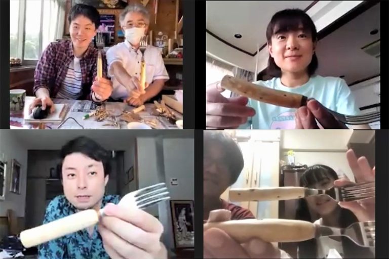 オンライン画面上で6人が自身で制作した手作りの木製フォークをカメラに向けて見せている写真