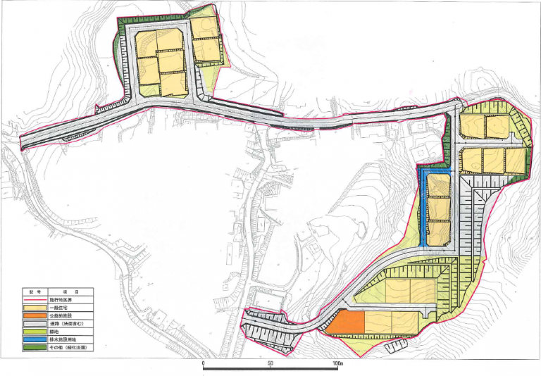 公営住宅用地や住宅用地、防災関連施設、道路や公共用地などが色分けされて示された館浜地区の区画図の画像
