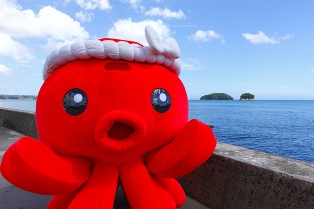 防波堤から見える海を背景に、ねじり鉢巻きをした赤いタコの「オクトパス君」のぬいぐるみを写した写真