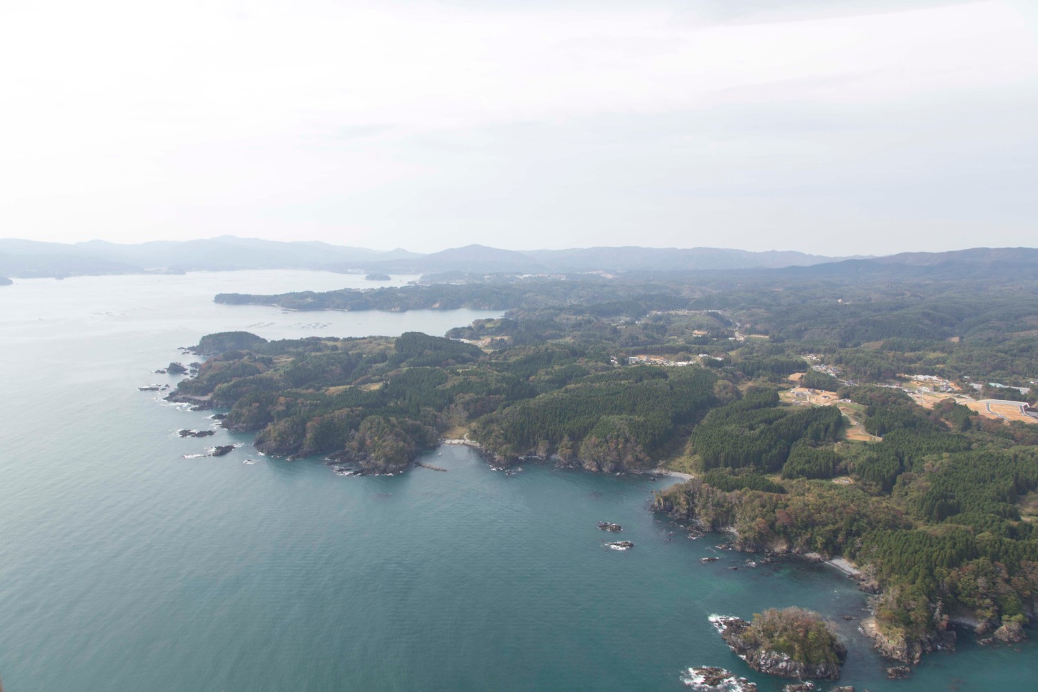 入り組んだリアス式海岸と森林が広がる風景を空撮した自然豊かな沿岸地域の全景の写真