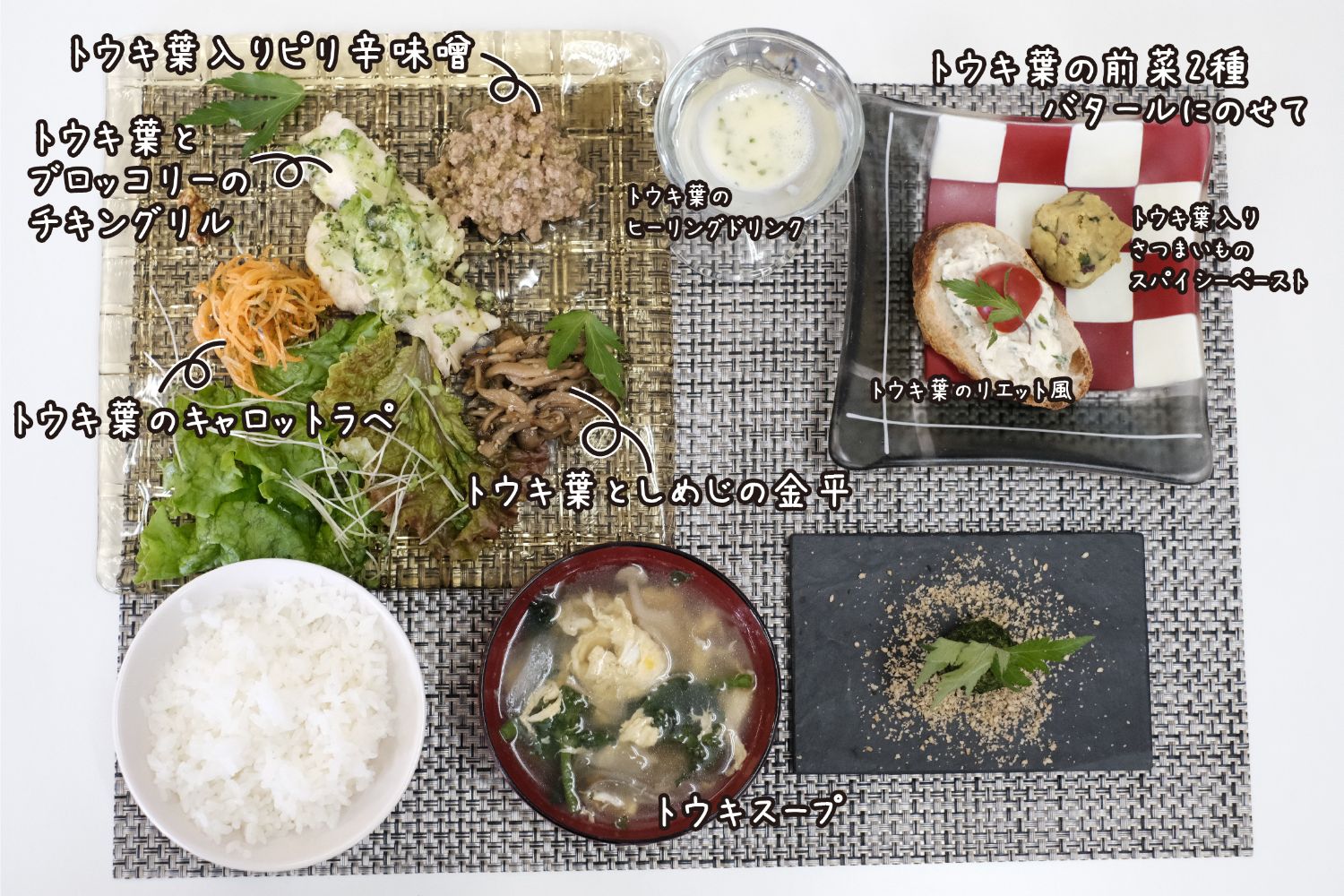 トウキ葉とブロッコリーのチキングリル、トウキ葉入りピリ辛味噌、トウキ葉としめじの金平、トウキ葉のキャロットラペ、トウキ葉のヒーリングドリンク、トウキ葉の前菜2種 バタールにのせて、トウキ葉のリエット風、トウキスープが白い文字で書かれ、実際の料理が盛り付けられた料理とその名称の写真