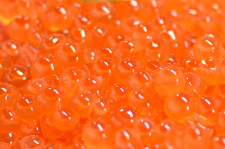 オレンジできらきらと輝いているイクラをアップで写した写真