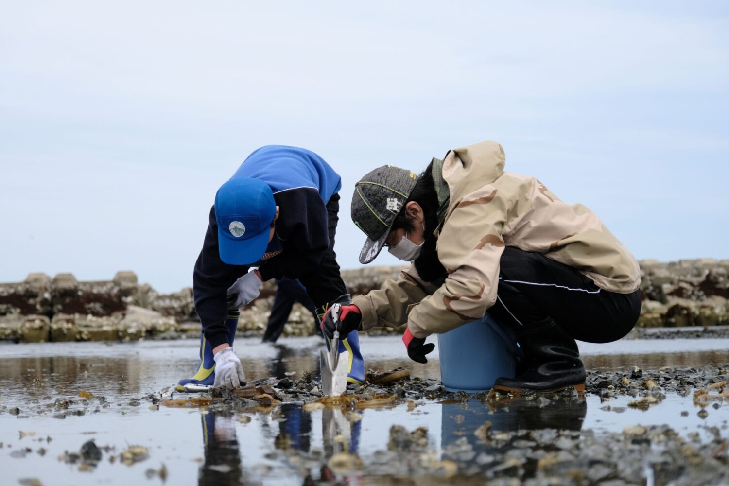 屋外の干潟で2人の子どもが長靴と手袋を着用し、小さなシャベルで小石をのけながら生き物を探している写真
