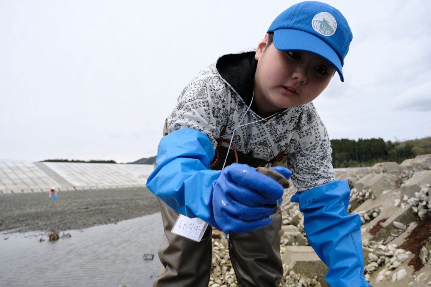 青い帽子と手袋をした男子児童が片手に小さな貝のようなものを持ち上げてカメラに見せている写真