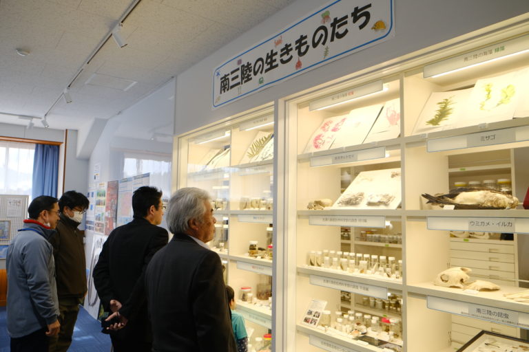 「南三陸の生きものたち」と書かれたガラス張りの棚に沢山の標本や化石などが陳列された展示ケースの前で4人の男性や男の子が展示物を見ている写真
