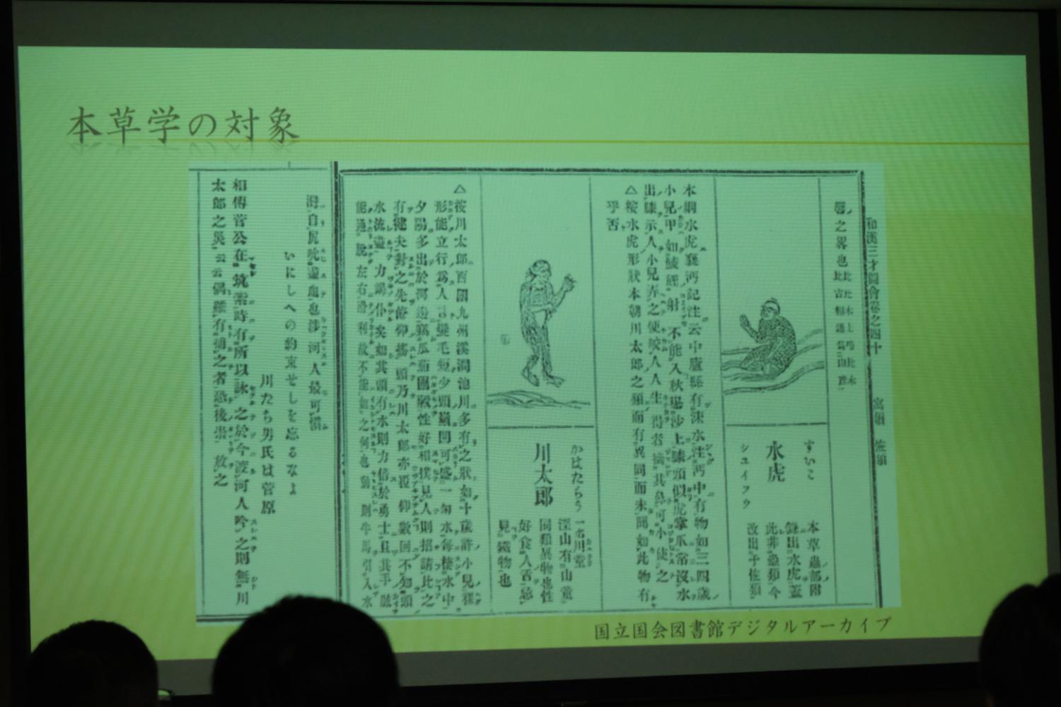 教室内でスクリーンに「本草学の対象」と題された文章と、中央に川太郎、右側に水虎のイラストとそれぞれを説明する文章が映し出されている写真