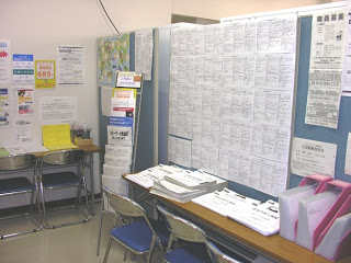 いろいろなチラシなどが掲示されたパーテーションの下に長机と椅子が設定されており、長机の上には書類が分類されて置かれている室内の様子を写した写真