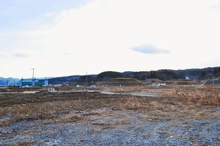 手前に枯れ草と小石が広がり、奥に山と空が見える造成中の更地が広がっている写真