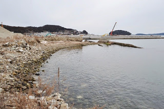 海と岸辺が広がり、中央に突き出した護岸や奥にクレーンのある工事現場が見える写真