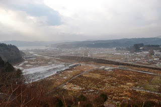 曇り空の下、遠くに山々が見え、広い範囲にわたって建物がほとんど見られず、平地を高台から見下ろし、その中央を志津川が蛇行しながら静かに流れている様子を捉えた志津川地区の写真