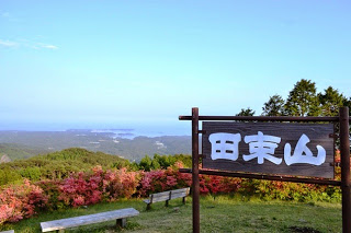ピンク色のつつじが咲いている山頂に「田束山」と大きく書かれた木の看板が立ち、眼下に緑の山々と森、海が広がっている風景の写真