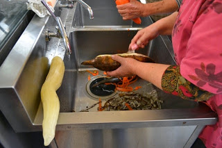 2人の女性が流しに立ち、レンコンや人参の皮をむいている手元を写した写真